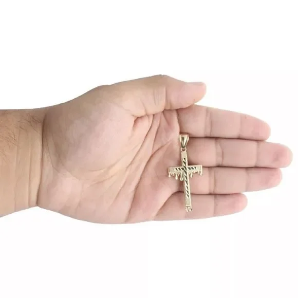 10K Yellow Gold Diamond Cut Raised Nugget Cross Pendant Blood Drip Charm 2